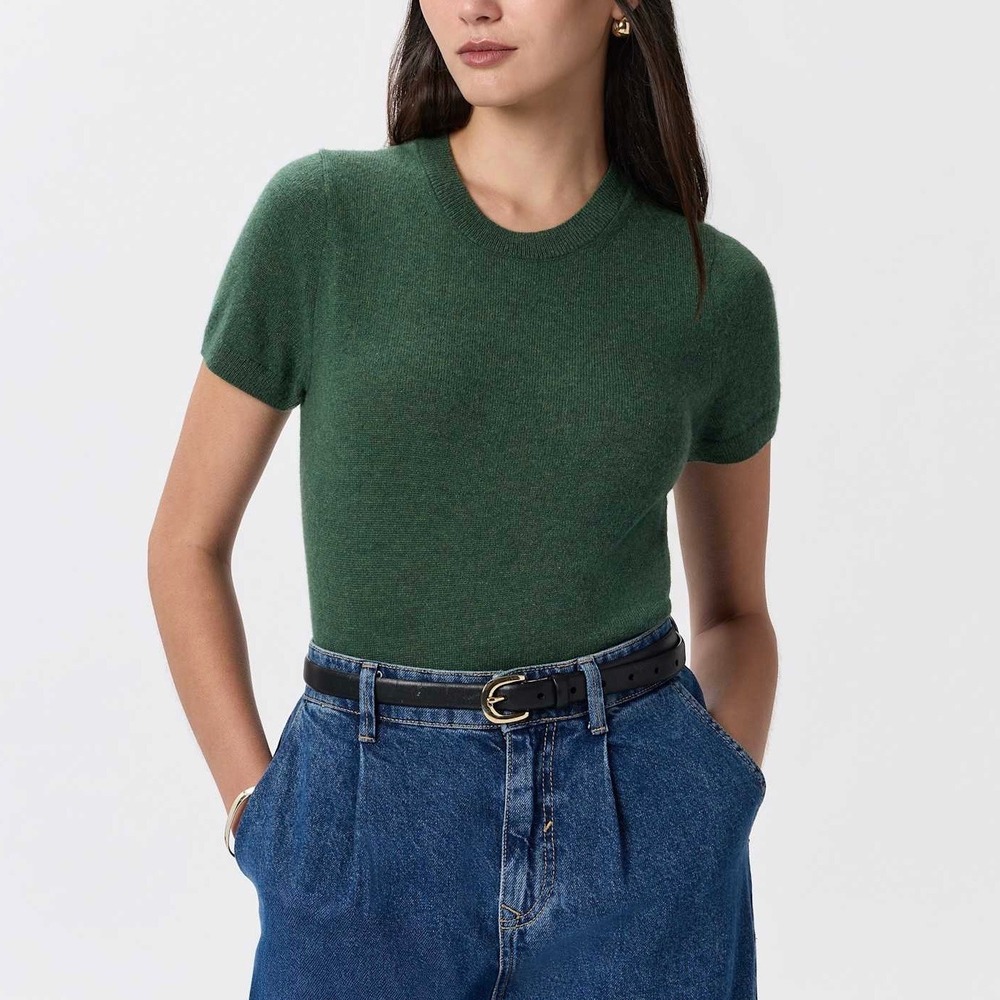 Quince Women's Mongolian Cashmere Tee, Forest Floor Green Sz M
